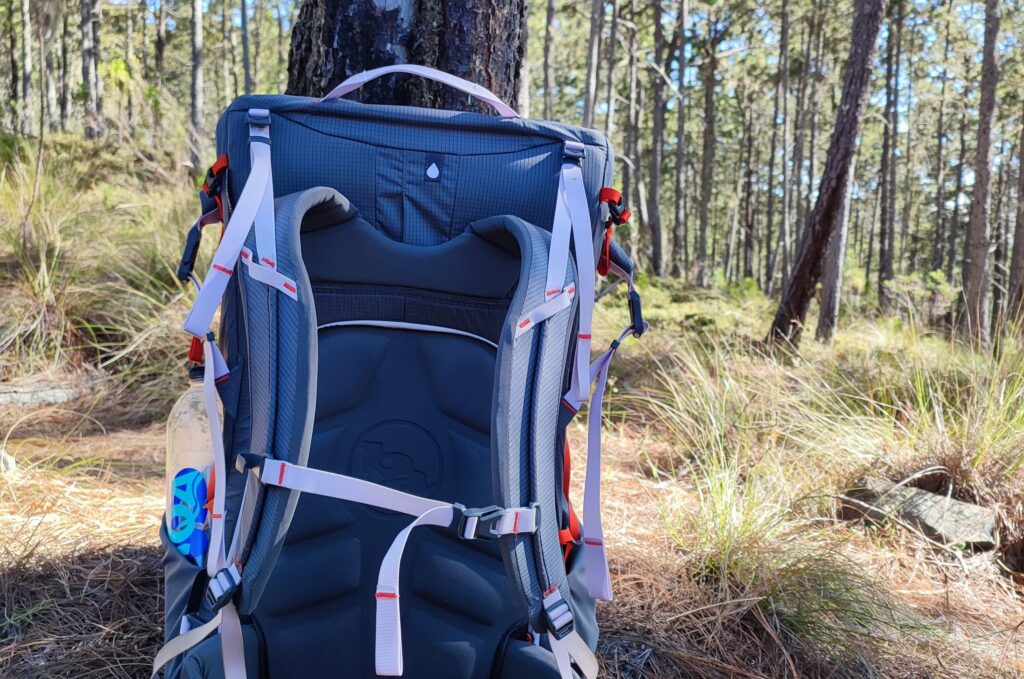 Mochila de backpacking apoyada en árbol